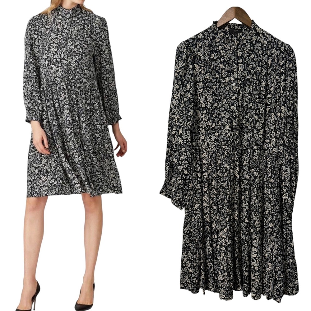 J.Crew Dress Women L Tall Floral Tiered Ruffle Neck Button Front Pockets Cottage